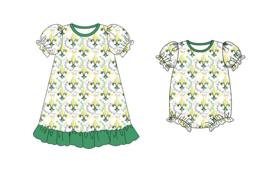 25.10.10 custom each style moq 5 eta 6-8week Sibling Sisters mardi gras baby girl short sleeve dress and romper match family design