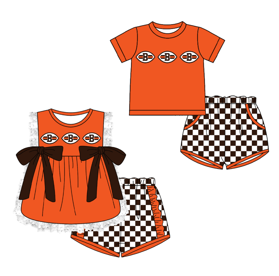 Custom moq 5 mix size milk silk summer teams Orange  Girl Sleeveless Top And Plaid Shorts Set with Bow Boy Short Sleeved Top And Plaid Shorts Set