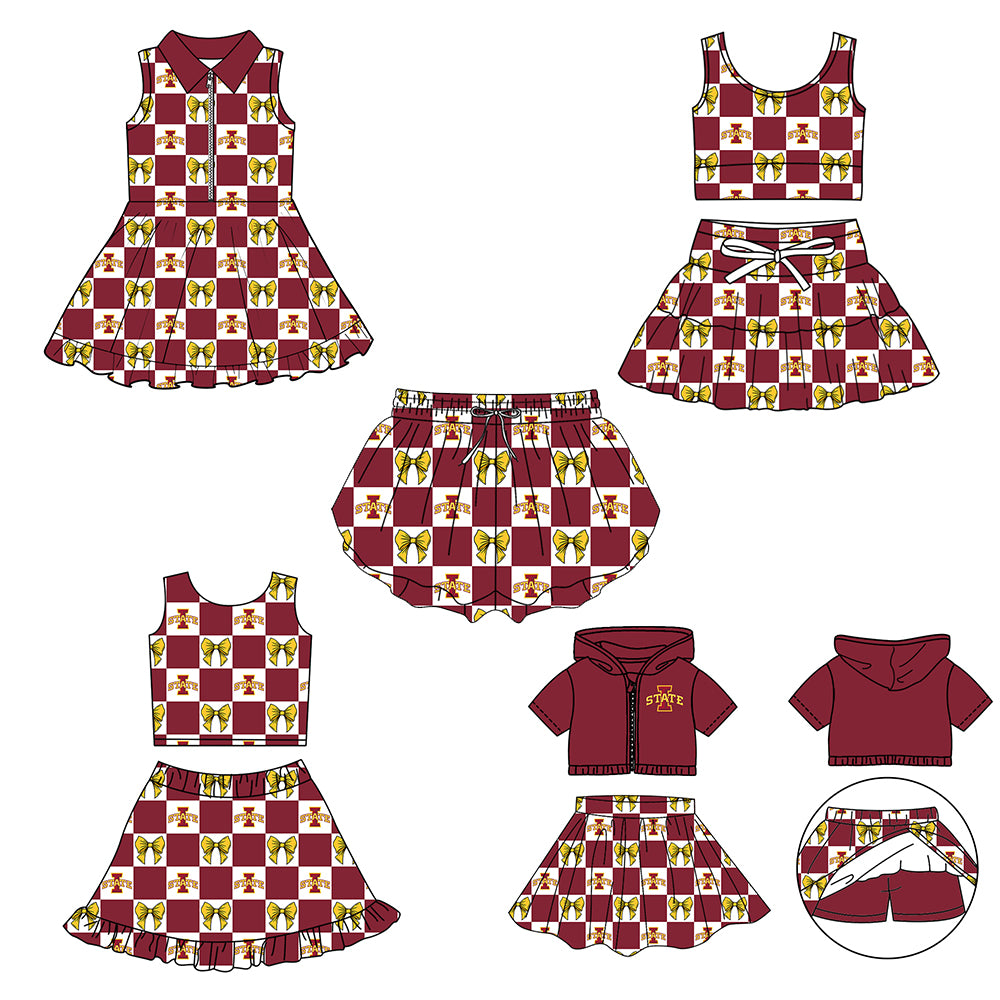 Custom moq 3 or 5 mix size milk silk summer teams baby girl clothes bow dark red sleeveless skirts sets 3 and dresss and shorts-26.1.24