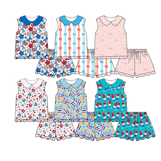Custom moq 5 mix size Sibling Baby Girls Print 4th of July sleeveless Top And Shorts Comfortable  for Little Ones