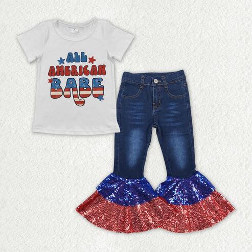 RTS NO MOQ Sibling Baby Girls 4th of July Outfit Set Top with Denim Bell Bottom Pants Clothing for Infants