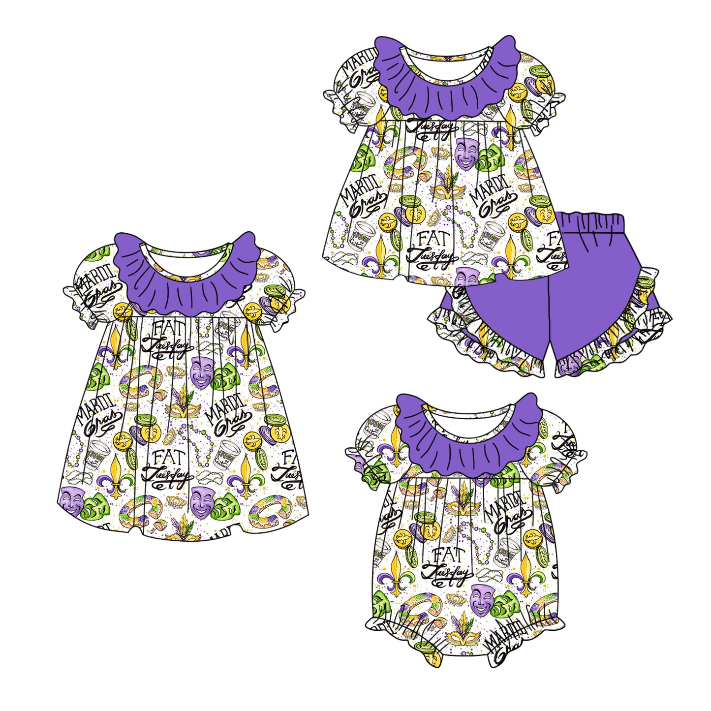 11.6 custom each style moq 5eta 4-6week Sibling Sister Mardi gras baby girl short sleeve shorts sets and dress and rompers match family design