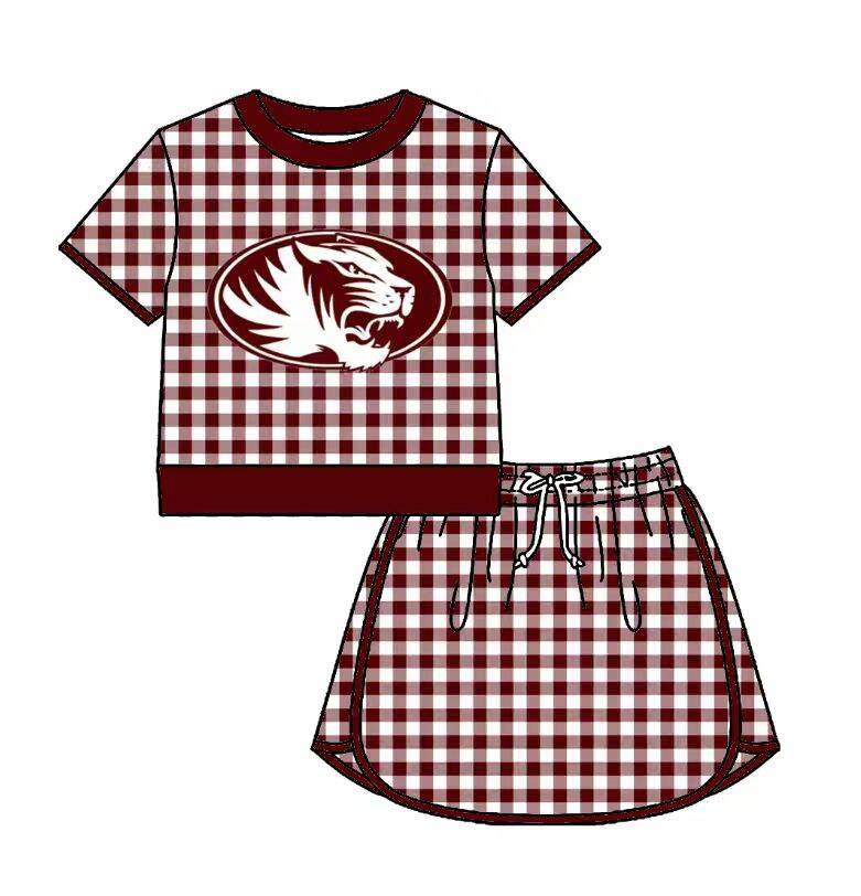 Custom moq 5 mix size milk silk summer teams Baby Girls Dark Red Plaid Short Sleeve Top Skirt Two Piece Set