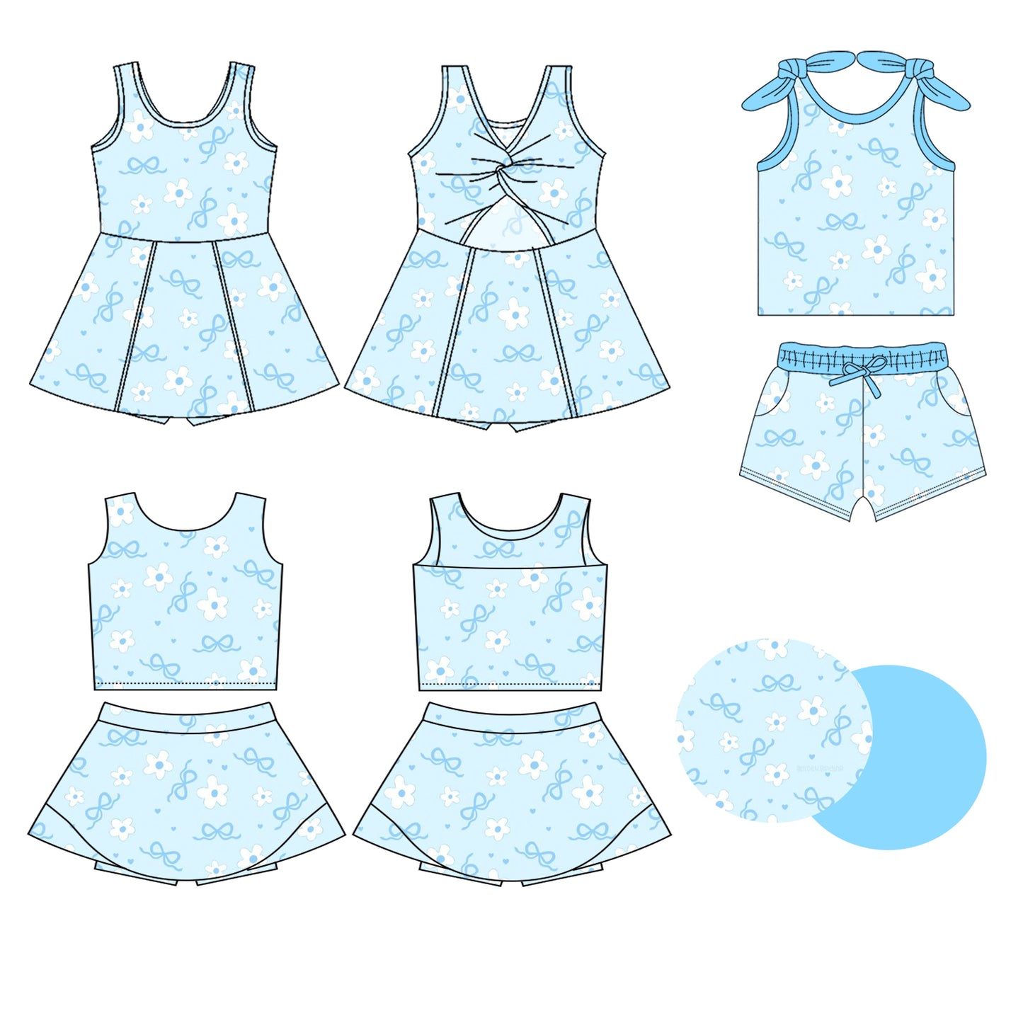 3.22 custom each style moq 5eta 4-6week Sibling Sister floral bow baby girls clothes Short sleeve shorts sets and yoga dress 1 and dress 2 match family design