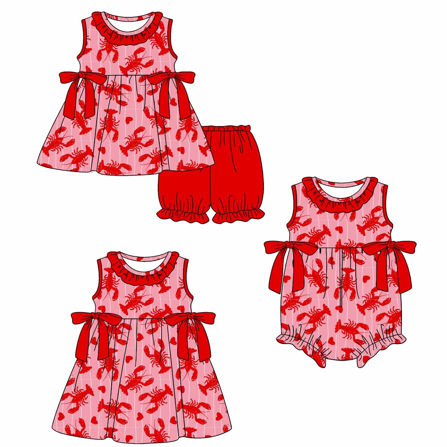 26.1.14 custom each style moq 5 eta 6-8week Sibling Sister lobster baby short sleeve shorts sets and romper and dress match design