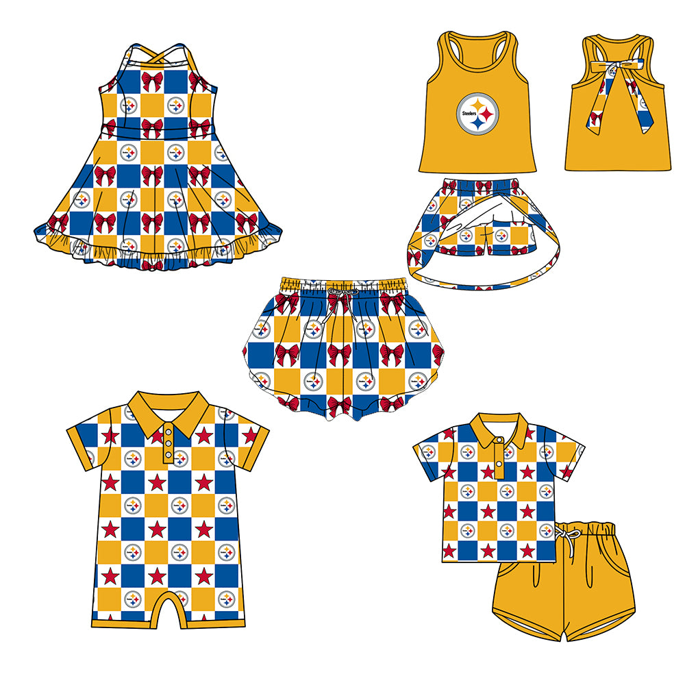 Custom moq 5 mix size milk silk summer teams Checked Baby Girl Yellow Sleeveless Top Skirt Short Set Dress And Shorts Yoga Outfit Boy's Top Shorts Set Romper