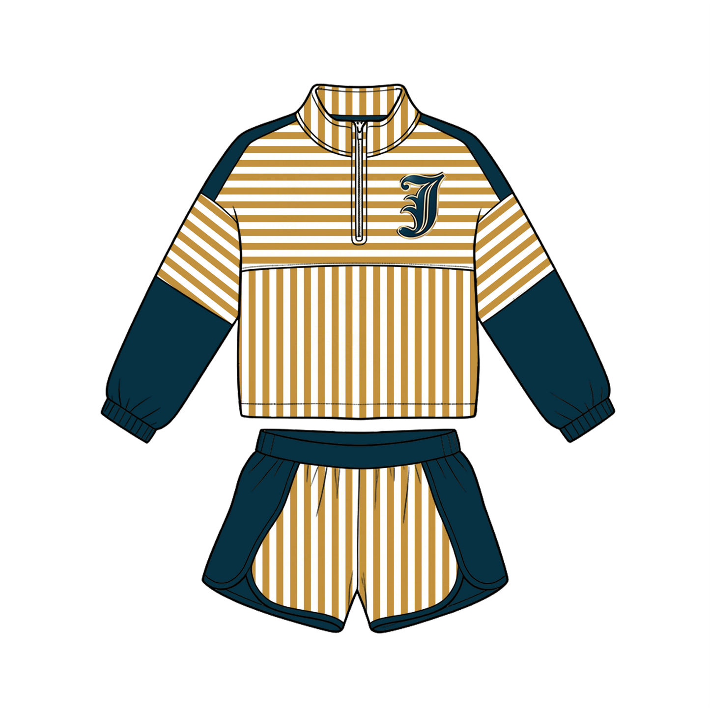 custom moq 5 mix size MSD072506 Baby Girls Stripe Print Zip Pullover Matching Shorts Two Piece Yoga Active Clothes Set