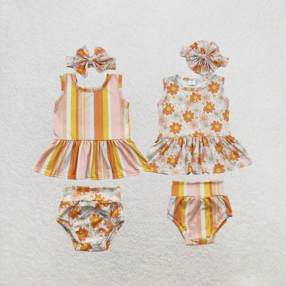 RTS NO MOQ Sibling Baby Girls Flowers Print Stripe Bummie Clothes Sets