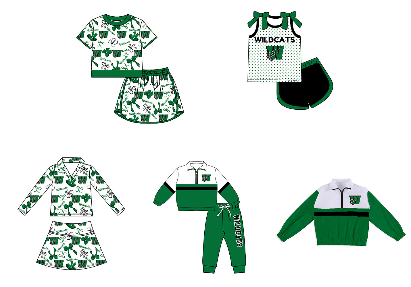 Custom moq 5 mix size summer teams Girls Green Polka Dot Top Shorts Set Top Skirt Short Set Zipper Pullover Pants Set