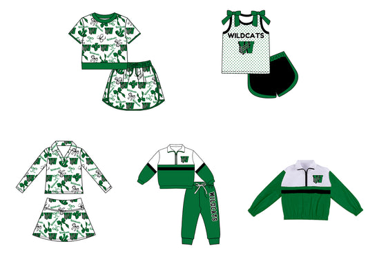 Custom moq 5 mix size summer teams Girls Green Polka Dot Top Shorts Set Top Skirt Short Set Zipper Pullover Pants Set