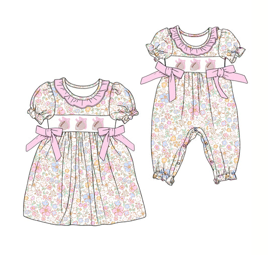 25.12.11 custom each style moq 5 eta 6-8week Sibling Sister rugby bow floral baby short sleeve romper and dress match design