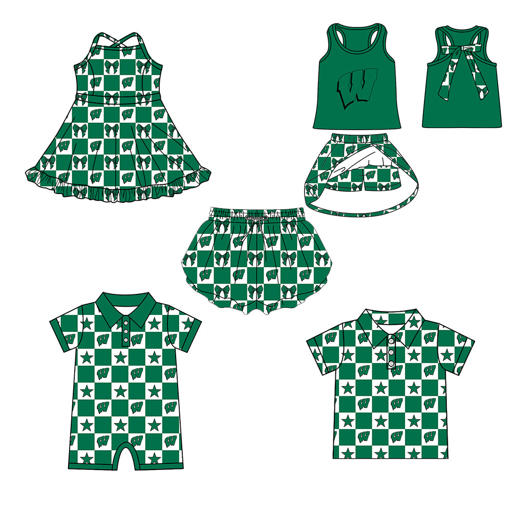 Custom moq 5 mix size milk silk summer teams Baby Girl Green Sleeveless Top Skirts Set Dress And Shorts Yoga Checked Outfit Boy's Checked Short-Sleeved Polo Shirt And Romper