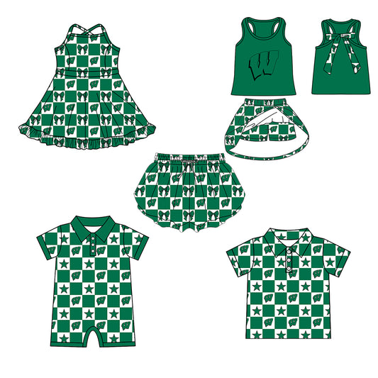Custom moq 5 mix size milk silk summer teams Baby Girl Green Sleeveless Top Skirts Set Dress And Shorts Yoga Checked Outfit Boy's Checked Short-Sleeved Polo Shirt And Romper