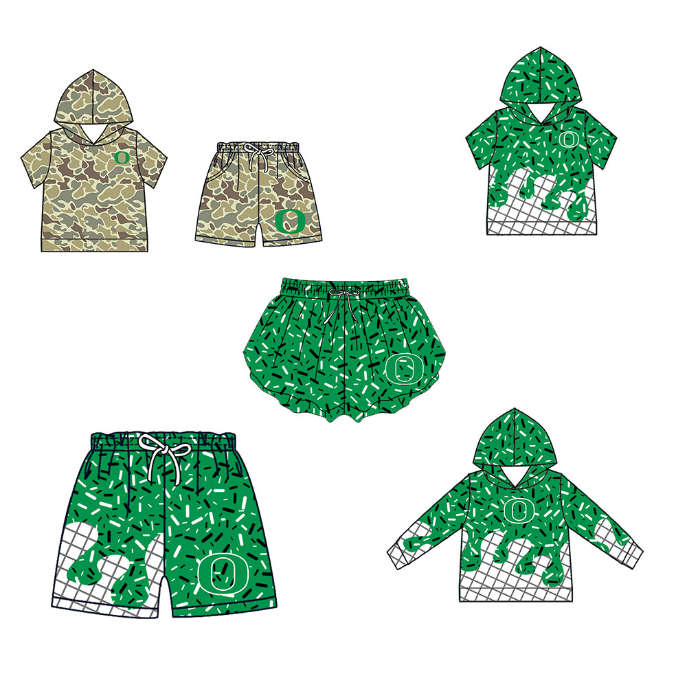 Custom moq 5 mix size milk silk summer teams Camo Hooded Short Sleeve Top Shorts Set Green Ice Cream Drips Hooded Top with Matching Shorts For Baby