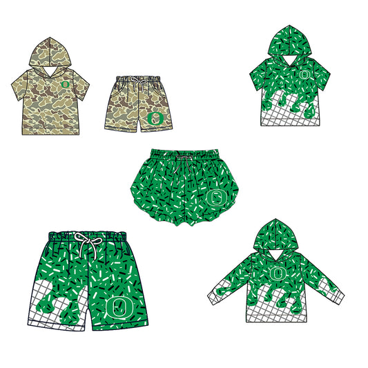 Custom moq 5 mix size milk silk summer teams Camo Hooded Short Sleeve Top Shorts Set Green Ice Cream Drips Hooded Top with Matching Shorts For Baby