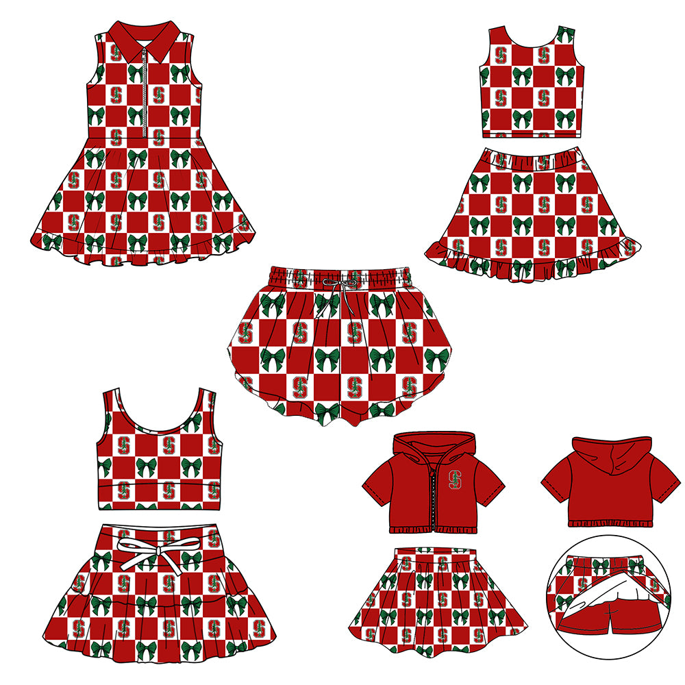 Custom moq 5 mix size Milk silk summer girls' three-piece set with letter bow print plaid sleeveless skirt including a dress and shorts