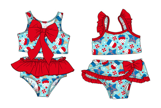 3.14 Custom moq 5 mix size Sibling Baby Girls Sleeveless 4th of July Top With Bow Bummies Two-Piece Set Infant Swimwear