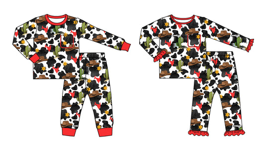 25.8.27 custom each style moq 5 eta 4-6week Sibling Sisters cow pattern hat catcus baby girl long sleeve pants sets 2
