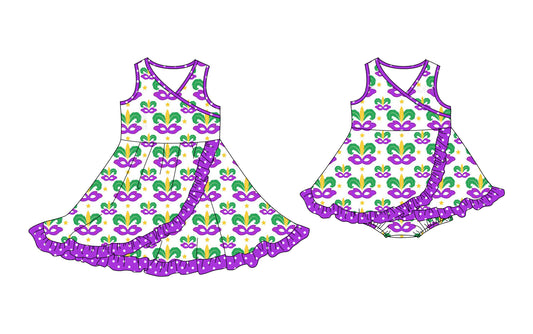 25.10.11 custom each style moq 5 eta 6-8week Sibling Sisters mardi gras baby girl short sleeve dress and romper match family design