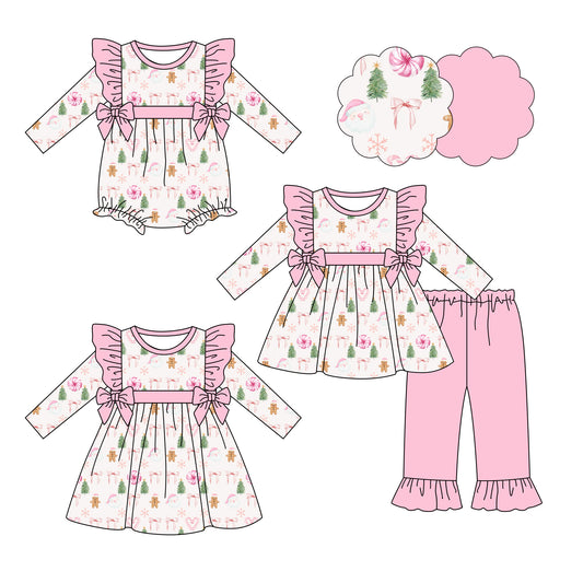 25.6.19 custom each style moq 5eta 4-6week Sibling Sisters Christmas trees bow pink baby girl long sleeve pants sets and dress and rompers match family design