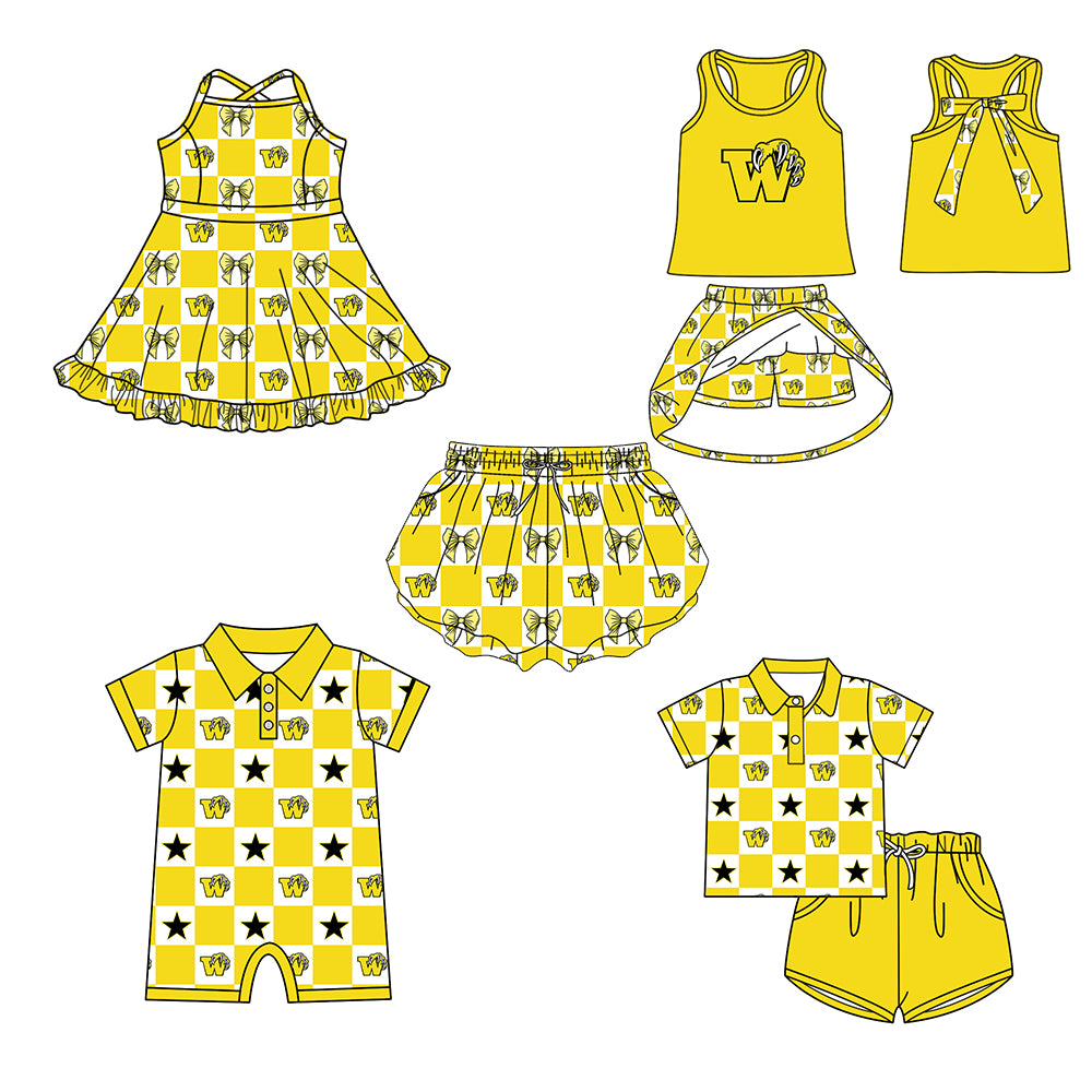 Custom moq 5 mix size milk silk summer teams Checked Bows Yellow Baby Girl Sleeveless Top Skirt Short Set Dress And Shorts Yoga Outfit Boy's Top Shorts Set Romper