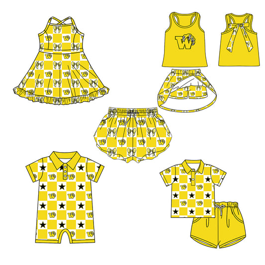 Custom moq 5 mix size milk silk summer teams Checked Bows Yellow Baby Girl Sleeveless Top Skirt Short Set Dress And Shorts Yoga Outfit Boy's Top Shorts Set Romper
