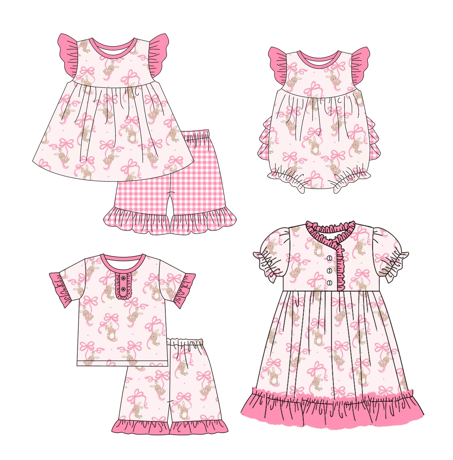 12.10 custom each style moq 5eta 4-6week Sibling Sister easter bow pink baby girl short sleeve shorts sets and sets 2 and girls romper and boy romper and dress match design