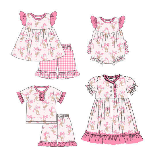 12.10 custom each style moq 5eta 4-6week Sibling Sister easter bow pink baby girl short sleeve shorts sets and sets 2 and girls romper and boy romper and dress match design
