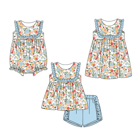 3.2 Custom moq 5 mix size Sibling Baby Girl's Floral print Sleeveless Top And Shorts Set Cute Romper Dress for Summer