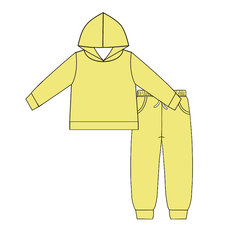 Custom moq 5 Boys blank cotton fabric hoodie joggies Light lemon yellow hooded top and trousers set