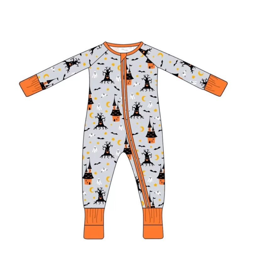5.9custom each style moq 5eta 4-5week Sibling Sister Halloween Horror Castle prints gray girls and boys outfits and baby rompers match family design
