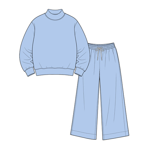 custom moq 5 mix size Baby Kids Light Blue Casual Long Sleeve Sweatshirt And Elastic Drawstring Wide Leg Pants Loungewear Two Piece Outfit Set