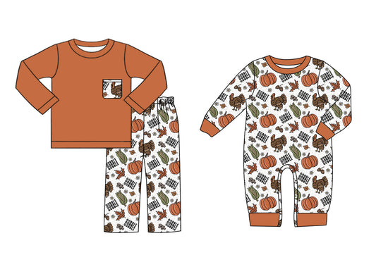 25.6.27 custom each style moq 5eta 4-6week Sibling Sisters pumpkin baby boy long sleeve pants sets and rompers match family design