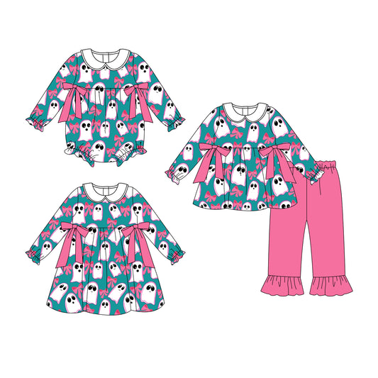 25.8.4 custom each style moq 5eta 4-6week Sibling Sisters ghost bow baby girl long sleeve pants sets and dress and rompers match family design