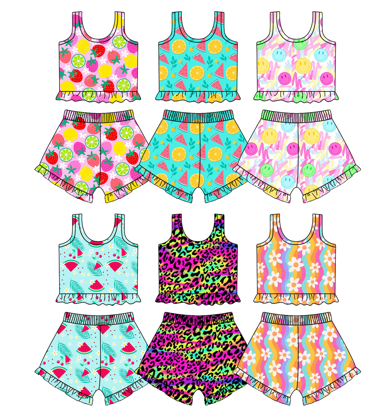 2.17 custom each style moq 5eta 4-6week Sibling Sister fruit baby girls short sleeve shorts sets and set 6 match design