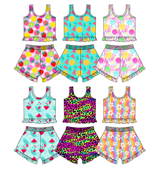 2.17 custom each style moq 5eta 4-6week Sibling Sister fruit baby girls short sleeve shorts sets and set 6 match design