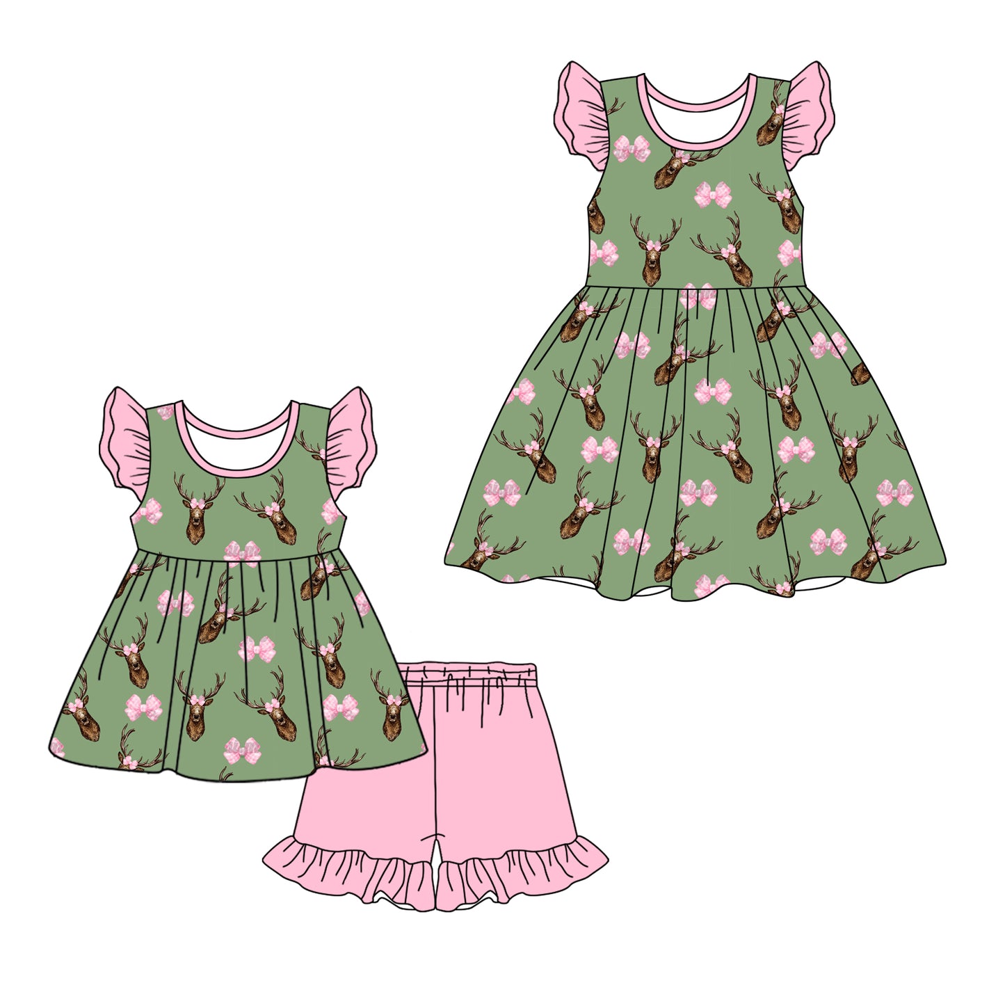 12.20 custom each style moq 5eta 4-6week Sibling Sister floral deer baby girl short sleeve shorts sets and dresses match design
