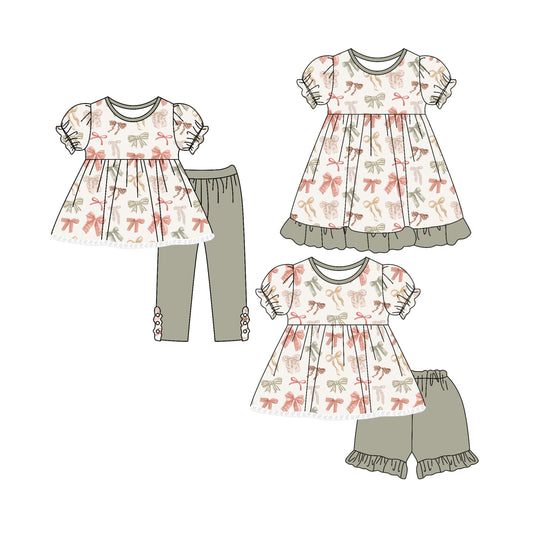 4.26 custom each style moq 5eta 4-6week Sibling Sisters bow baby girl short sleeve shorts sets and pants sets and dress match family design