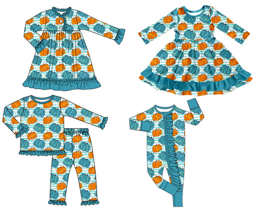 25.8.13 custom each style moq 5 eta 4-6week Sibling Sisters pumpkin baby girl long sleeve pants sets and romper and dress 1 and dress 2 match family design