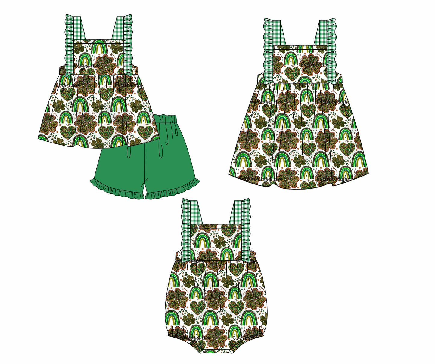 12.12 custom each style moq 5eta 4-6week Sibling Sister green baby girl short sleeve shorts sets and dress and rompers match family design