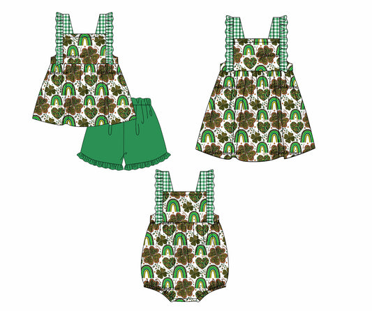 12.12 custom each style moq 5eta 4-6week Sibling Sister green baby girl short sleeve shorts sets and dress and rompers match family design