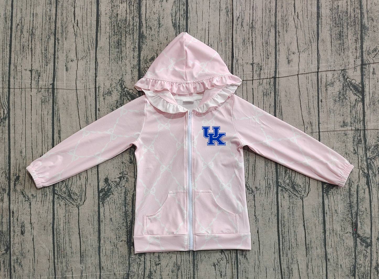 Custom moq 5 mix size milk silk baby girls clothes team summer lace bow pink zipper hooded long sleeve top-25.11.22