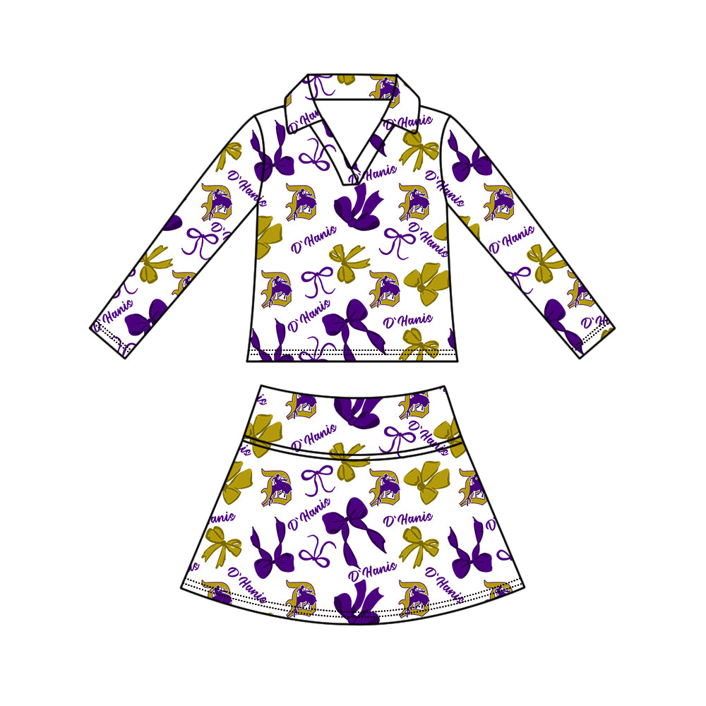 Custom moq 5 mix size milk silk summer teams Girls Purple Polka Dot Top Shorts Set Top Skirt Short Set Zipper Pullover Jogger Pants Set Pullover Tops