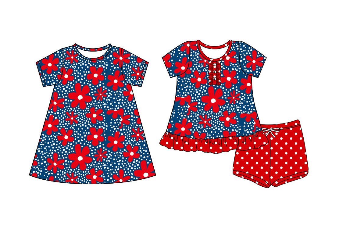4.19 custom each style moq 5eta 4-6week Sibling Sister floral red baby girl short sleeve shorts sets and dresses match design