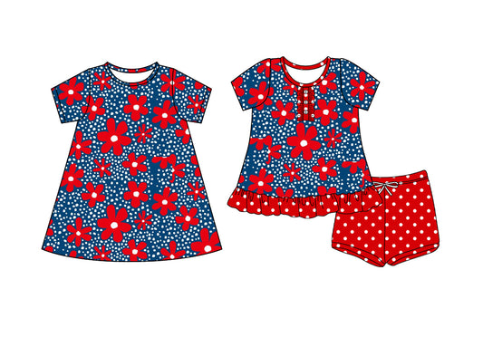 4.19 custom each style moq 5eta 4-6week Sibling Sister floral red baby girl short sleeve shorts sets and dresses match design