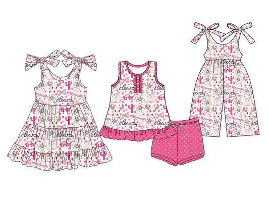 25.6.4 custom each style moq 5eta 4-6week Sibling Sister cow head floral bow pink baby girl short sleeve shorts sets and dresses and jumpsuit match design