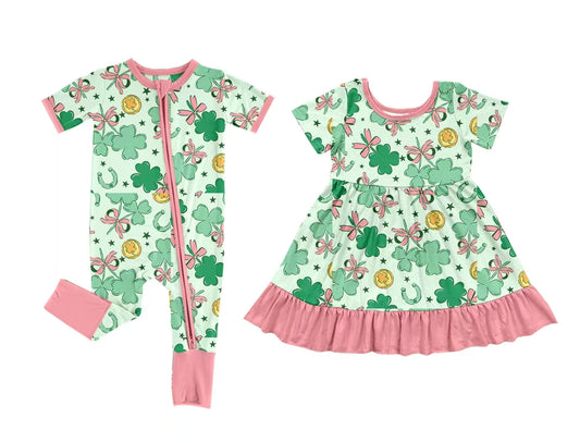 12.5 custom each style moq 5eta 4-6week Sibling Sister green baby girl dress and rompers match family design