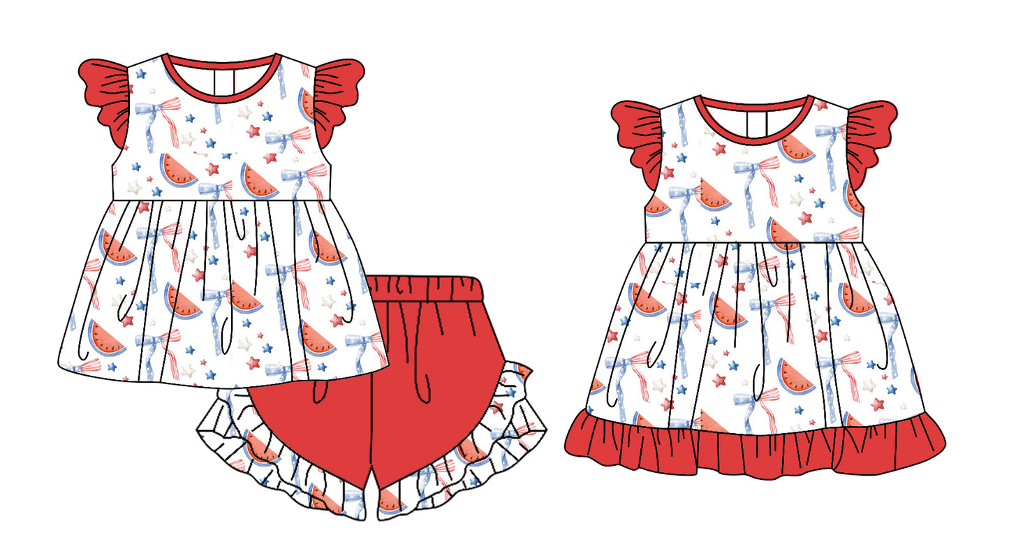 25.12.23 custom each style moq 5 eta 6-8week Sibling Sister watermelon bow baby short sleeve shorts sets and dress match design