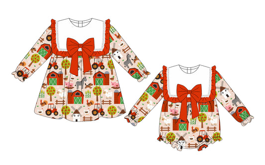 25.10.2 custom each style moq 8 eta 6-8week Sibling Sisters farm animal baby girl long sleeve dress and rompers match family design