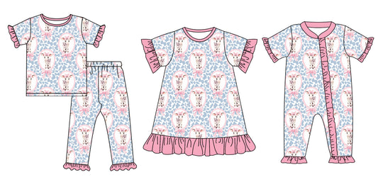 11.27 custom each style moq 5eta 4-6week Sibling Sister cow bow floral baby girl sets and dress and rompers match family design